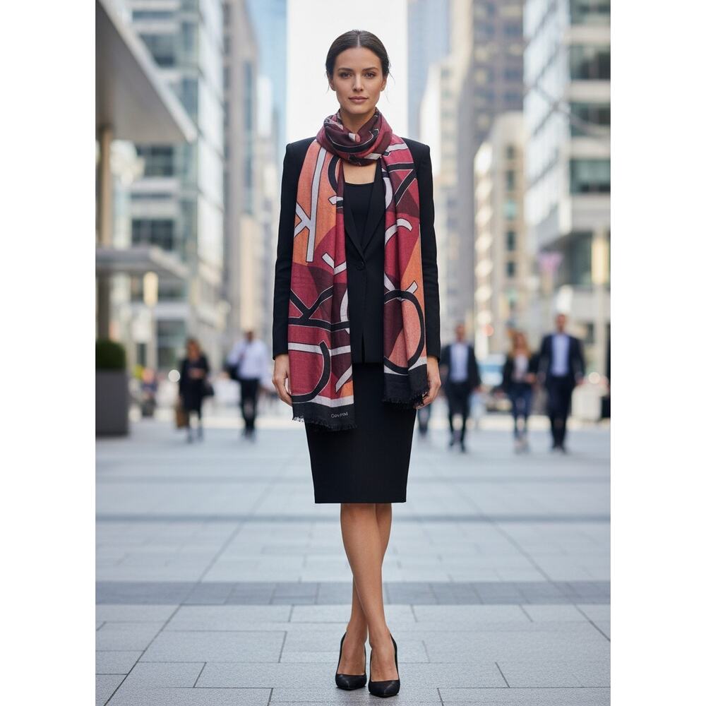 Calvin Klein Abstract Logo Scarf Oversized Wrap Red Black - Picture 3 of 10